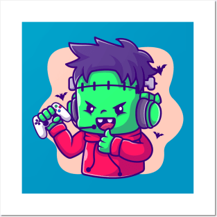 Cute Frankenstein Zombie Gaming And Thumbs Up Cartoon Posters and Art